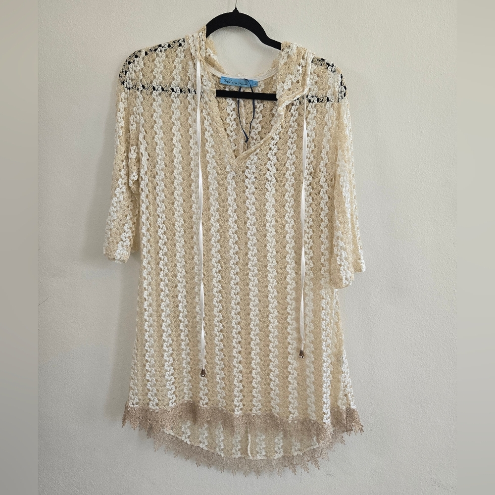 Solitaire Swim Cream Lace Hoody Swim Cover-Up Size L